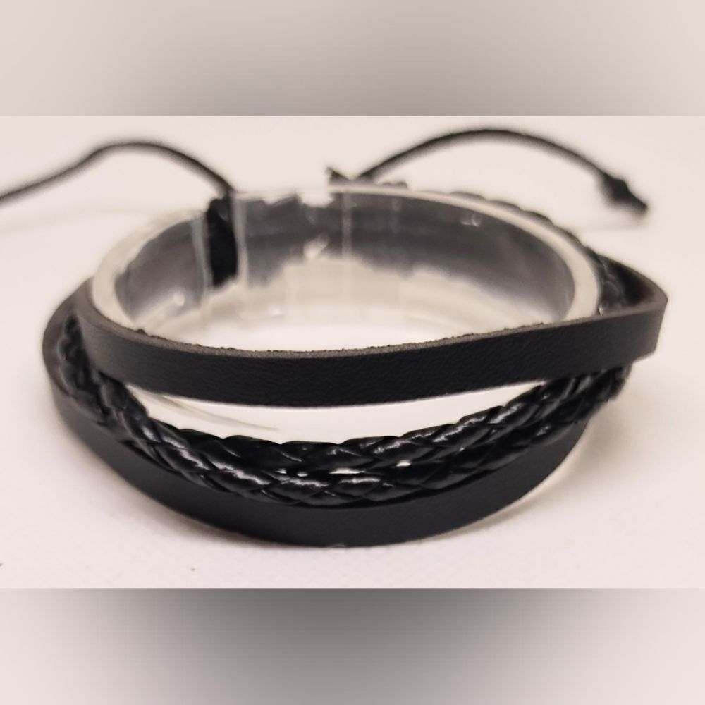 Men's bracelet‎ leather braided layered black new e56